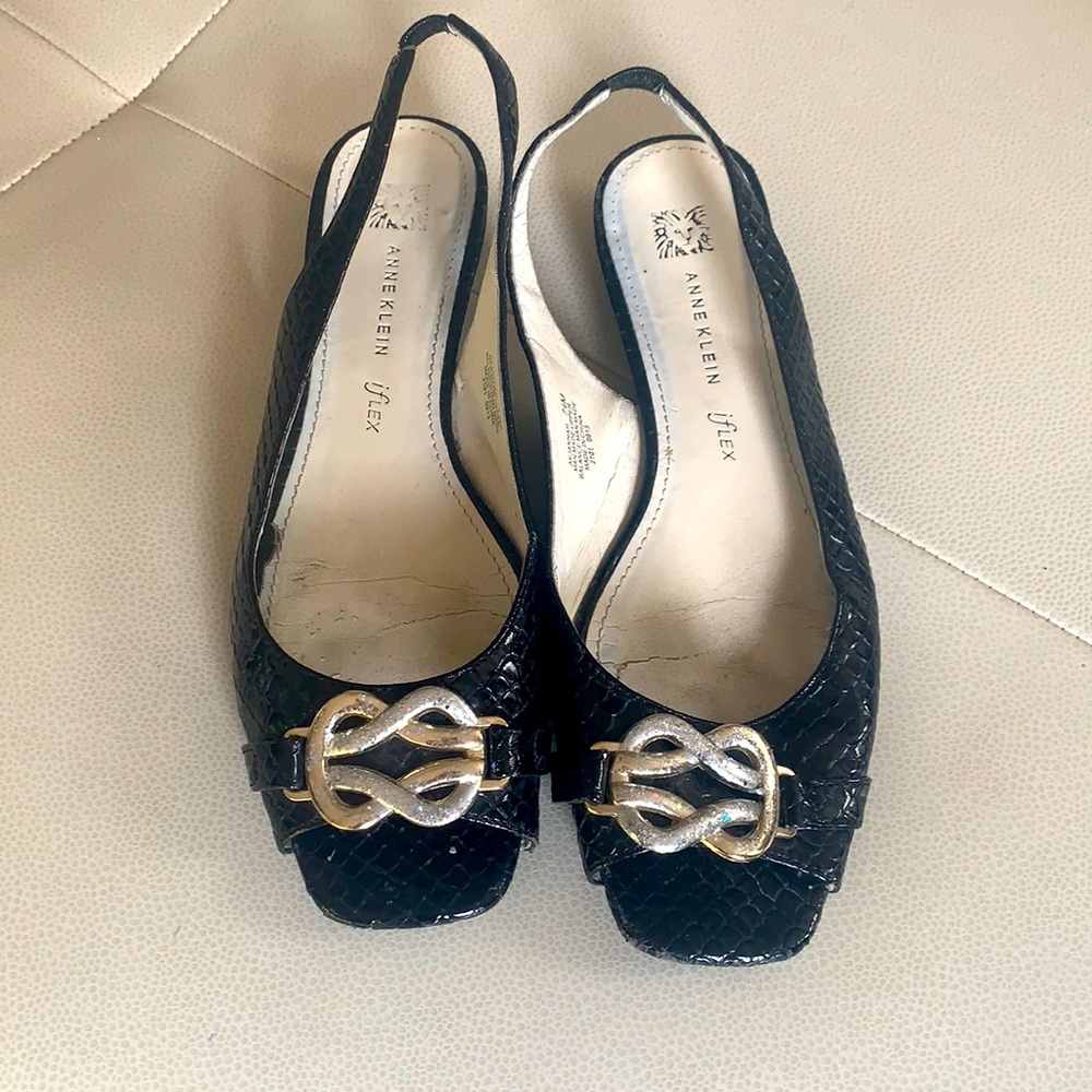 AK Anne Klein Jannah Ballet Slingback Flats 7.5 Black Texured Open Toe Casual